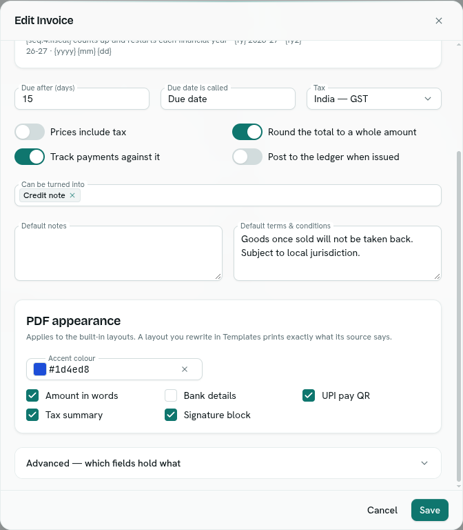 PDF appearance: accent colour and the sections that print