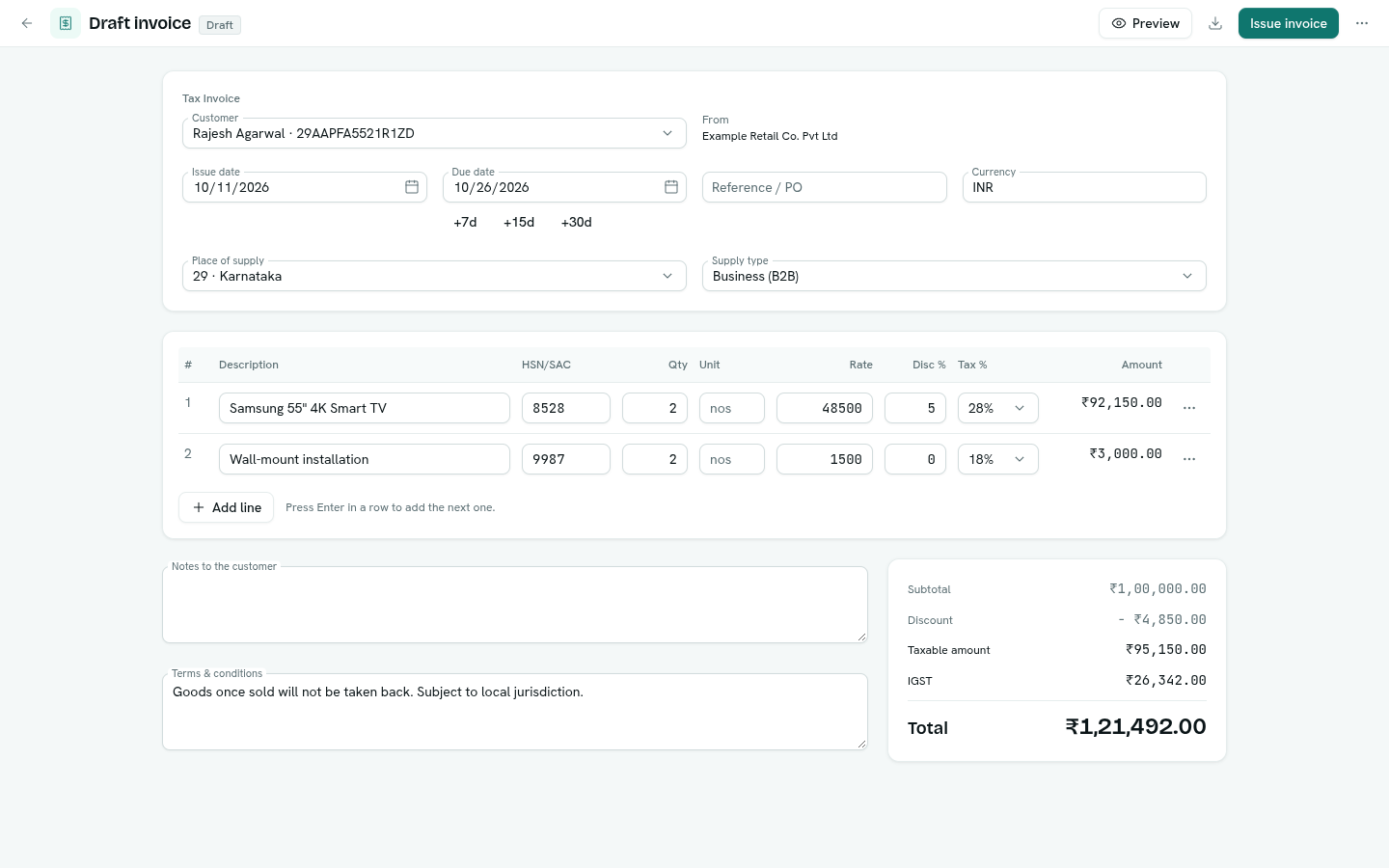 The document editor with customer, dates, place of supply, lines and live GST totals