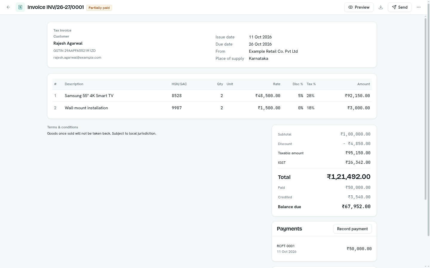 An issued invoice with its totals, payments and sharing panels