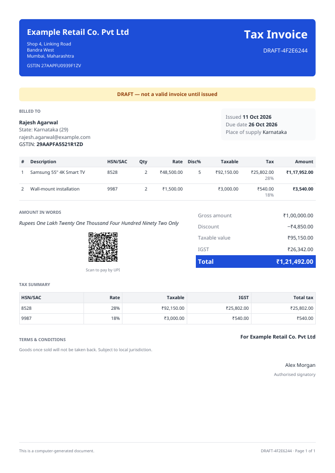 The Modern layout with a blue accent and bank details switched off