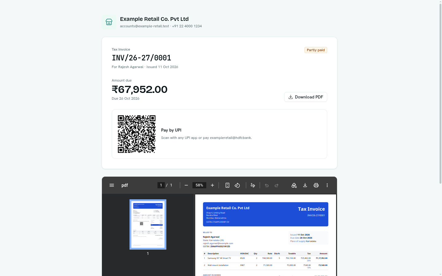 The public document page a customer opens from a shared link