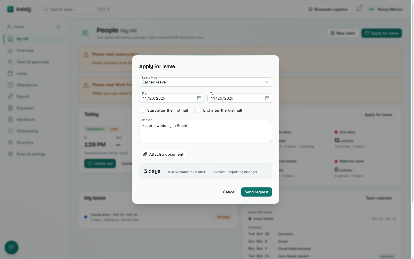 Applying for leave with the live preview of days, balance and approver