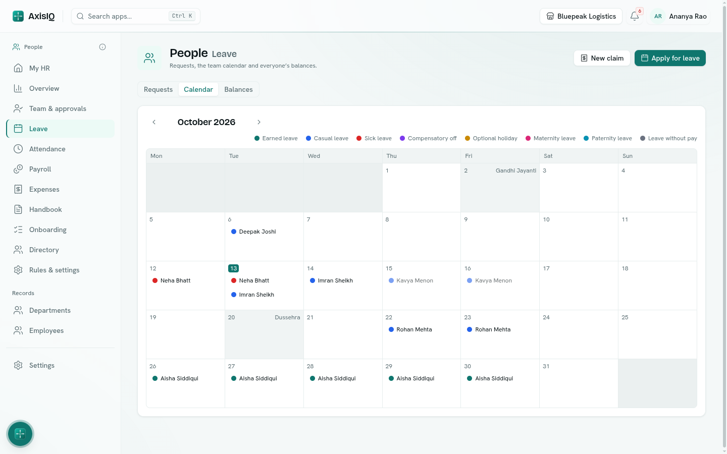 The team leave calendar for a month