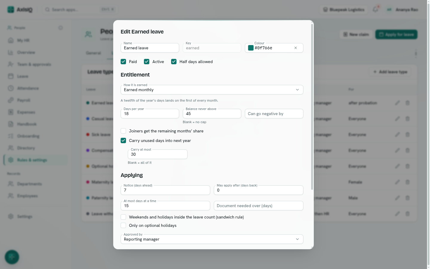 The leave type editor with entitlement, applying and approval rules