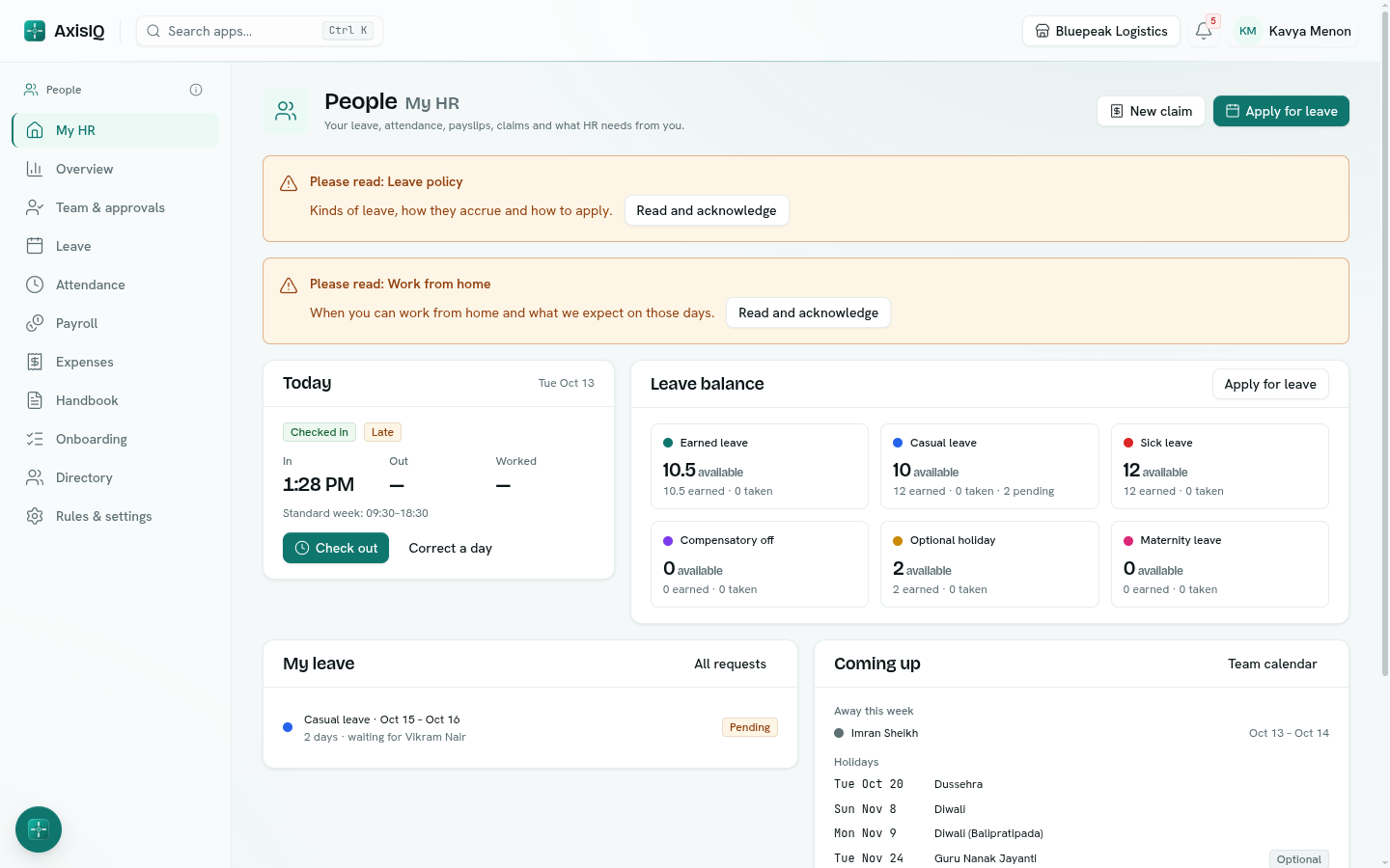 My HR with check-in, leave balances, requests, holidays and handbook reminders