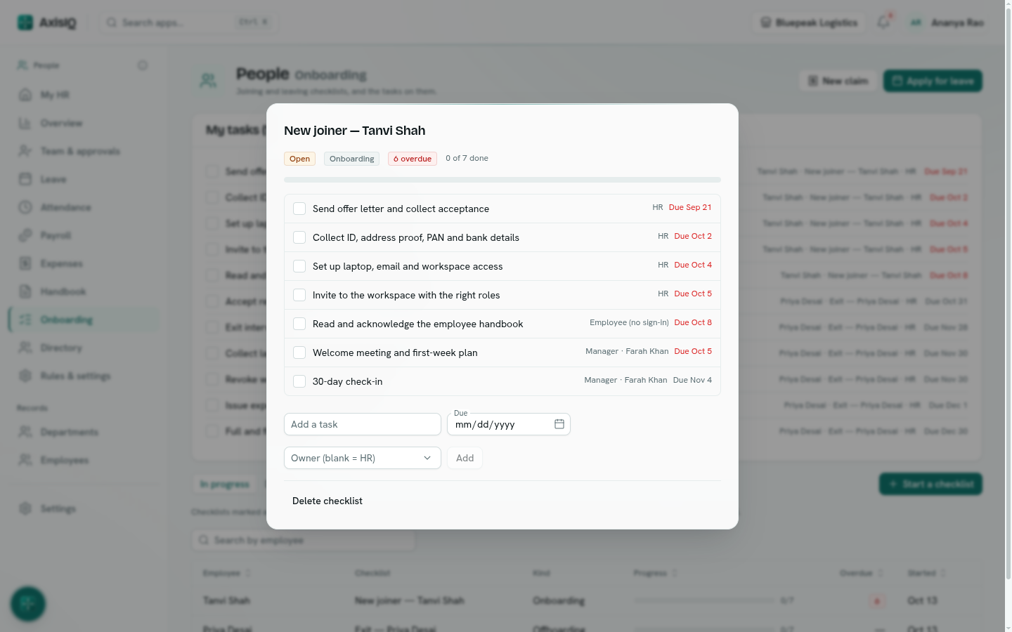 An onboarding checklist with tasks, owners and due dates