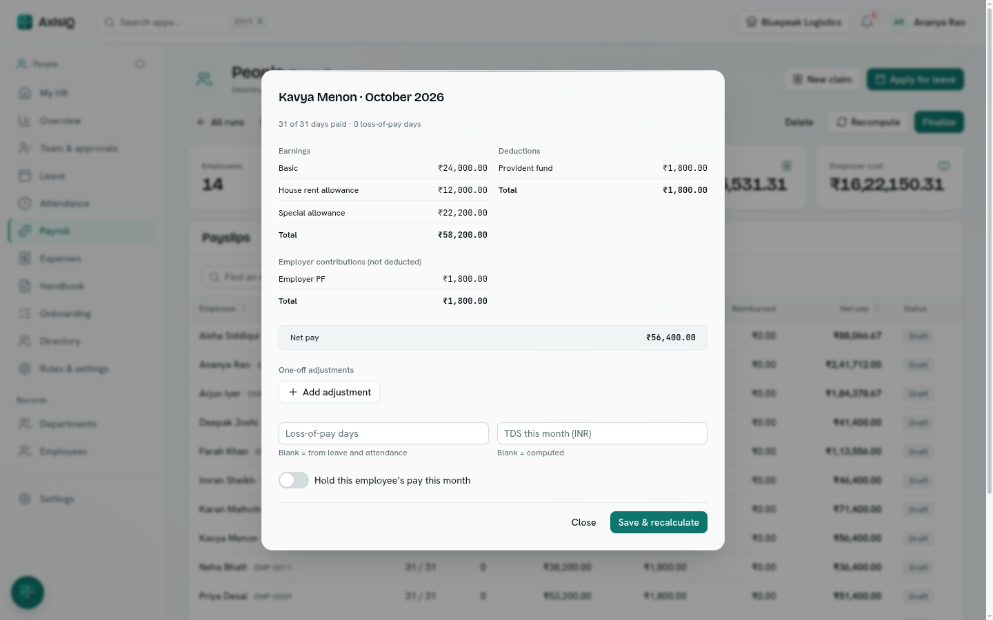 A payslip with earnings, deductions and net pay