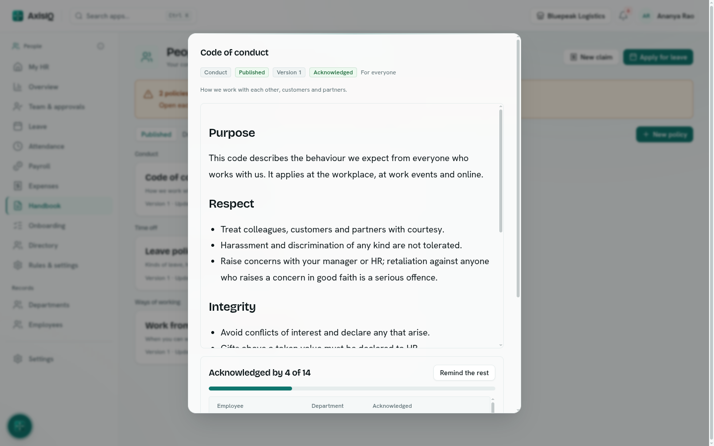 A published policy with acknowledgement progress