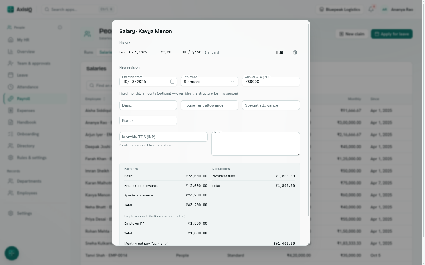 Setting an employee's salary with the monthly breakdown