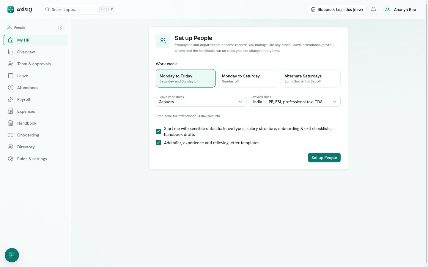 The Set up People screen with work week, leave year and payroll rule choices