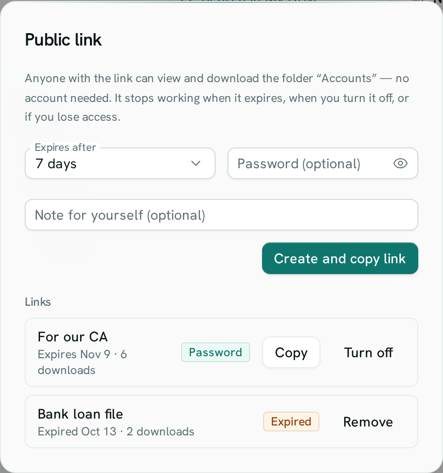 The Public link dialog with two links