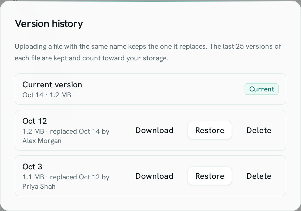 dark:/content/019f8371-84f5-7379-936b-d52714b21934/assets/2026/10/01a13faf-docs-drive-versions.dark.png Version history for a file