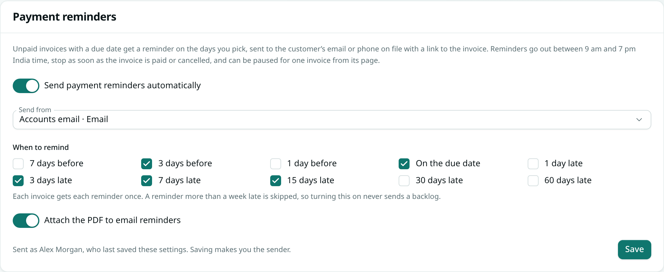 Payment reminder settings with a channel and five reminder days chosen