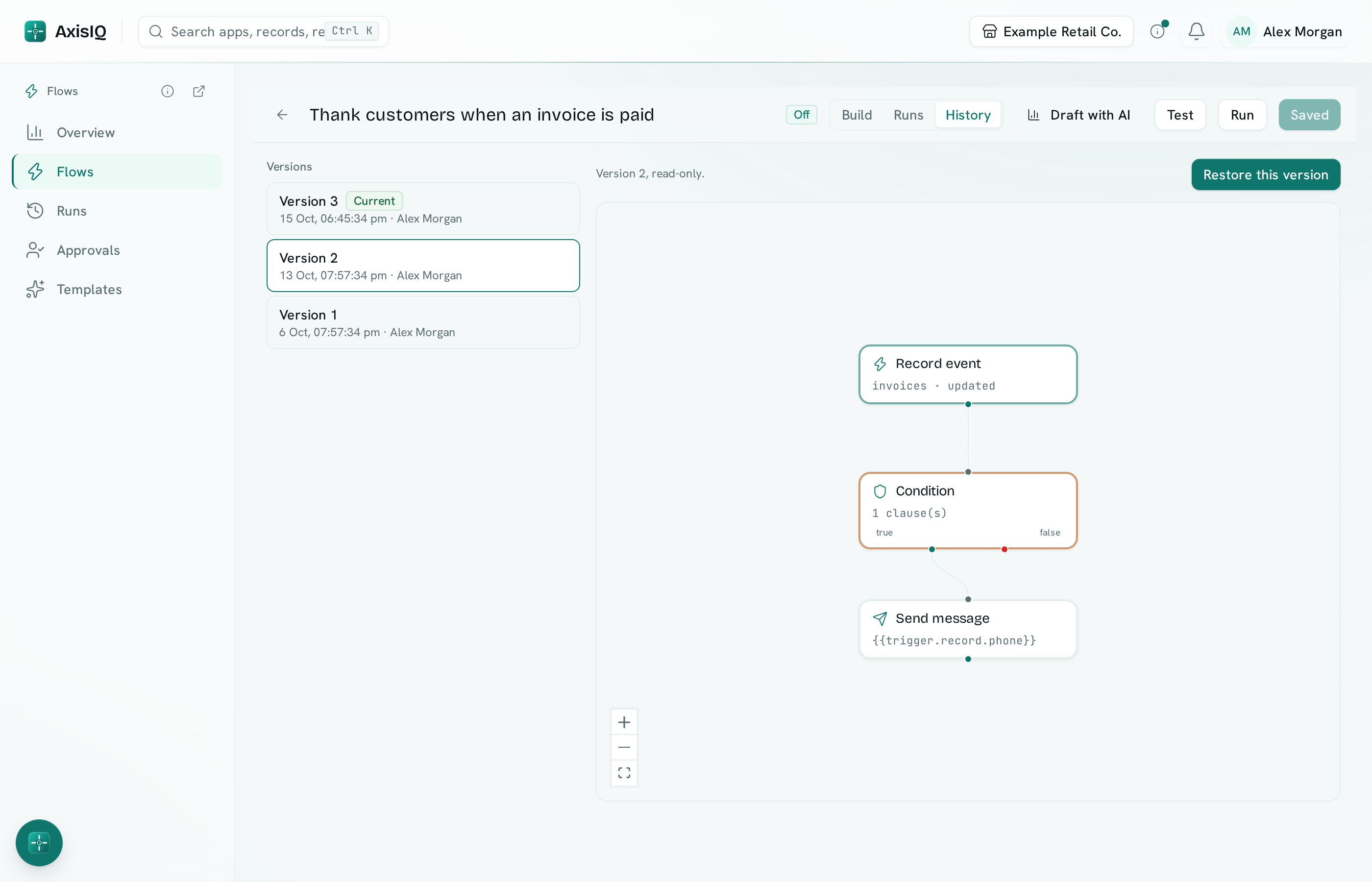 dark:/content/019f8371-84f5-7379-936b-d52714b21934/assets/2026/10/01a13ff9-docs-flows-history.dark.png Flow history listing three versions with version 2 open on a read-only canvas