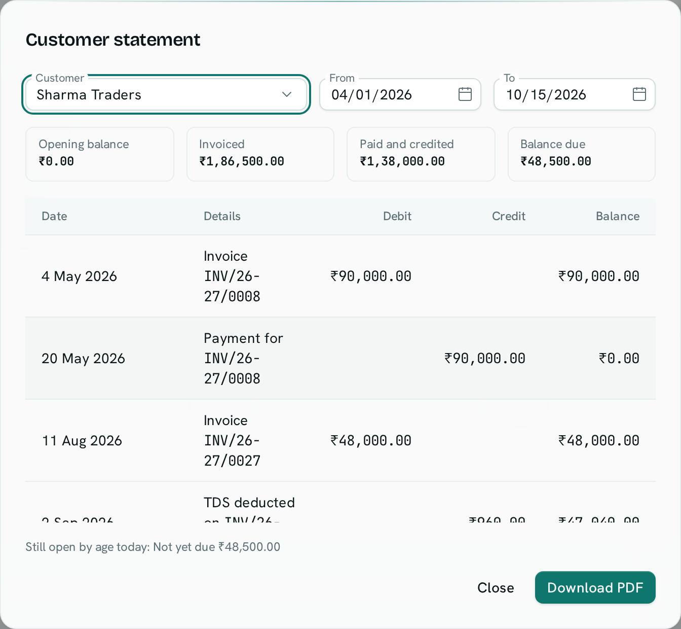 dark:/content/019f8371-84f5-7379-936b-d52714b21934/assets/2026/10/01a13ff9-docs-invoice-statement.dark.png A customer statement with opening balance, invoices, payments and the balance due