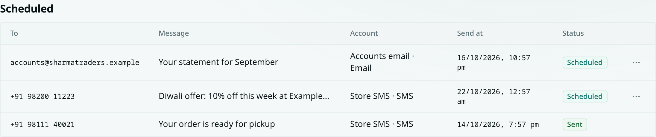 The Scheduled list in Activity with two messages waiting and one sent