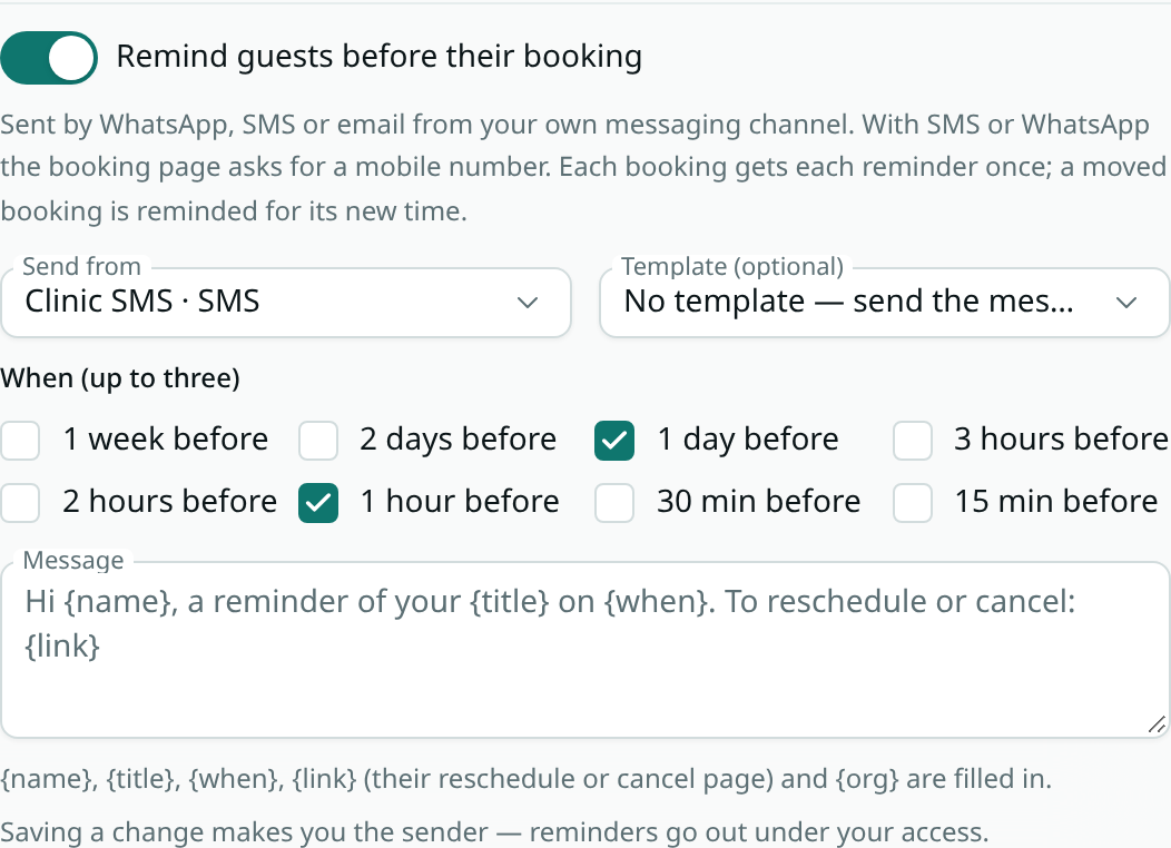Guest reminder settings sending by SMS one day and one hour before