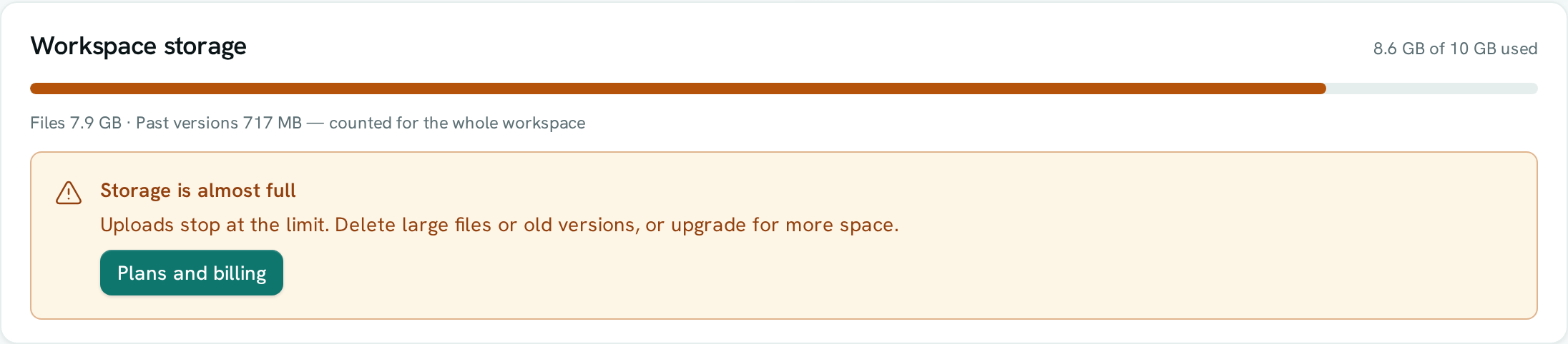 dark:/content/019f8371-84f5-7379-936b-d52714b21934/assets/2026/10/01a14012-docs-drive-storage.dark.png The Workspace storage card at 86% with a warning that storage is almost full