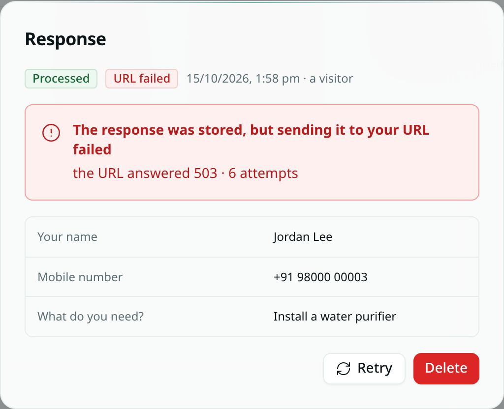 A response with a URL failed badge, the error "the URL answered 503 · 6 attempts" and a Retry button