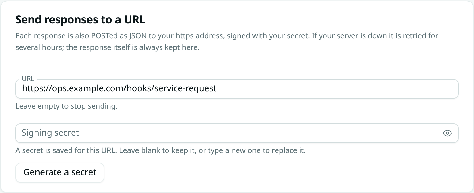 The Send responses to a URL settings with an address entered and a secret already saved