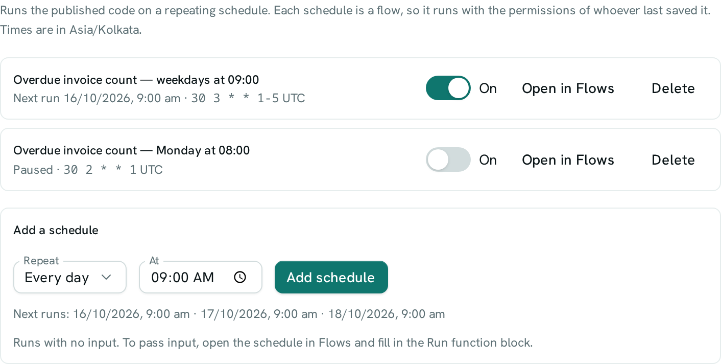 The Schedules tab with a weekday schedule switched on, a paused weekly one, and the Add a schedule form