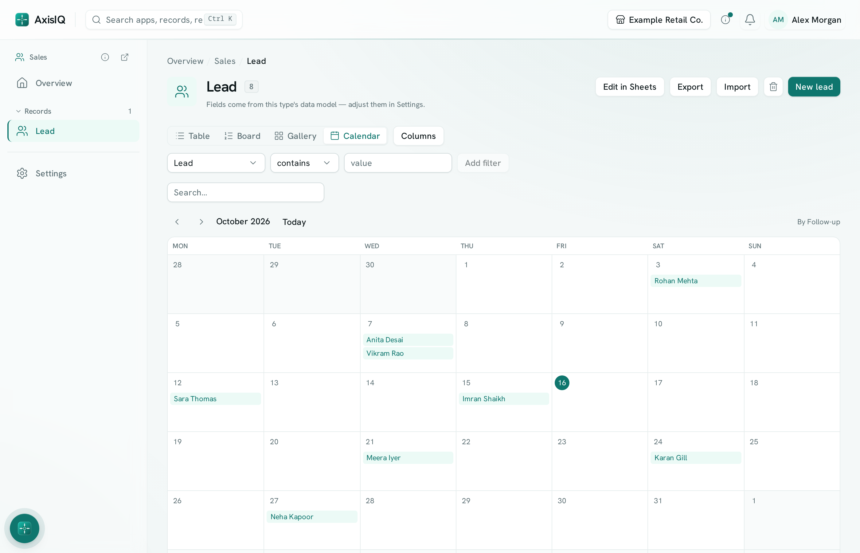 Leads on an October month calendar, placed on their follow-up dates