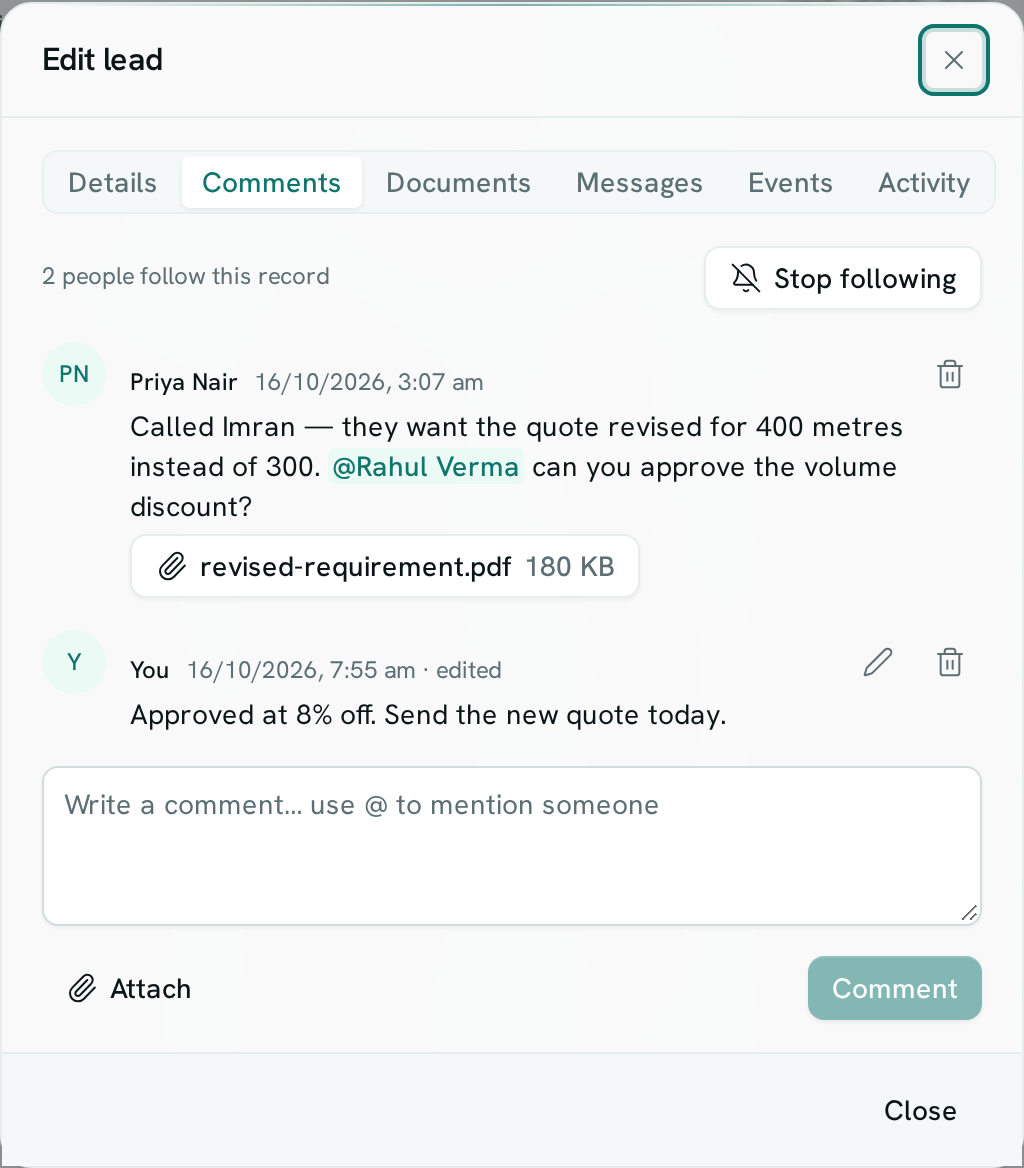 The Comments tab of a lead: a comment from Priya Nair mentioning Rahul Verma with a PDF attached, and a reply marked edited