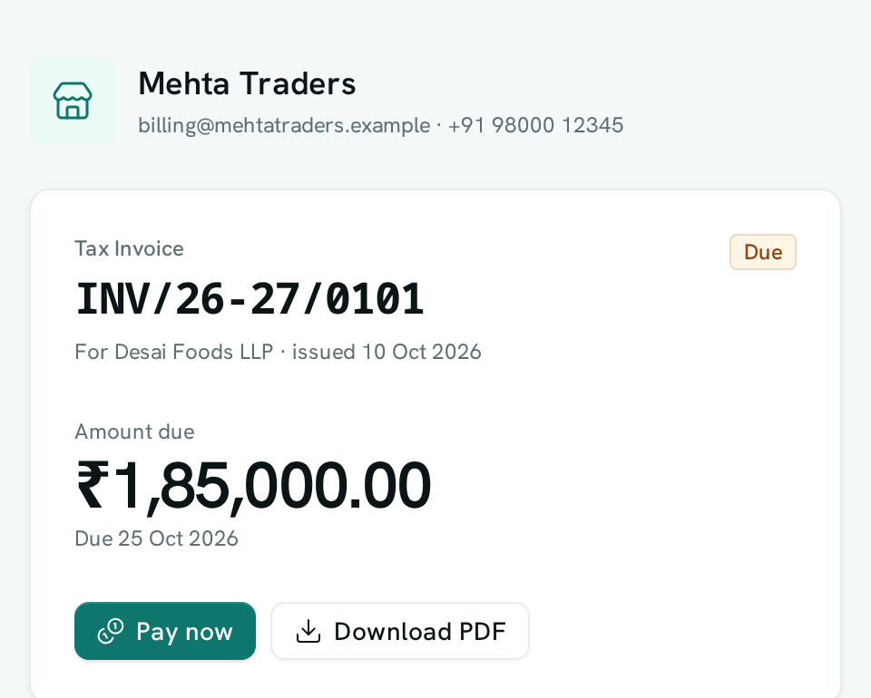 A shared invoice page on a phone showing the amount due of ₹1,85,000, a Due badge and the Pay now button