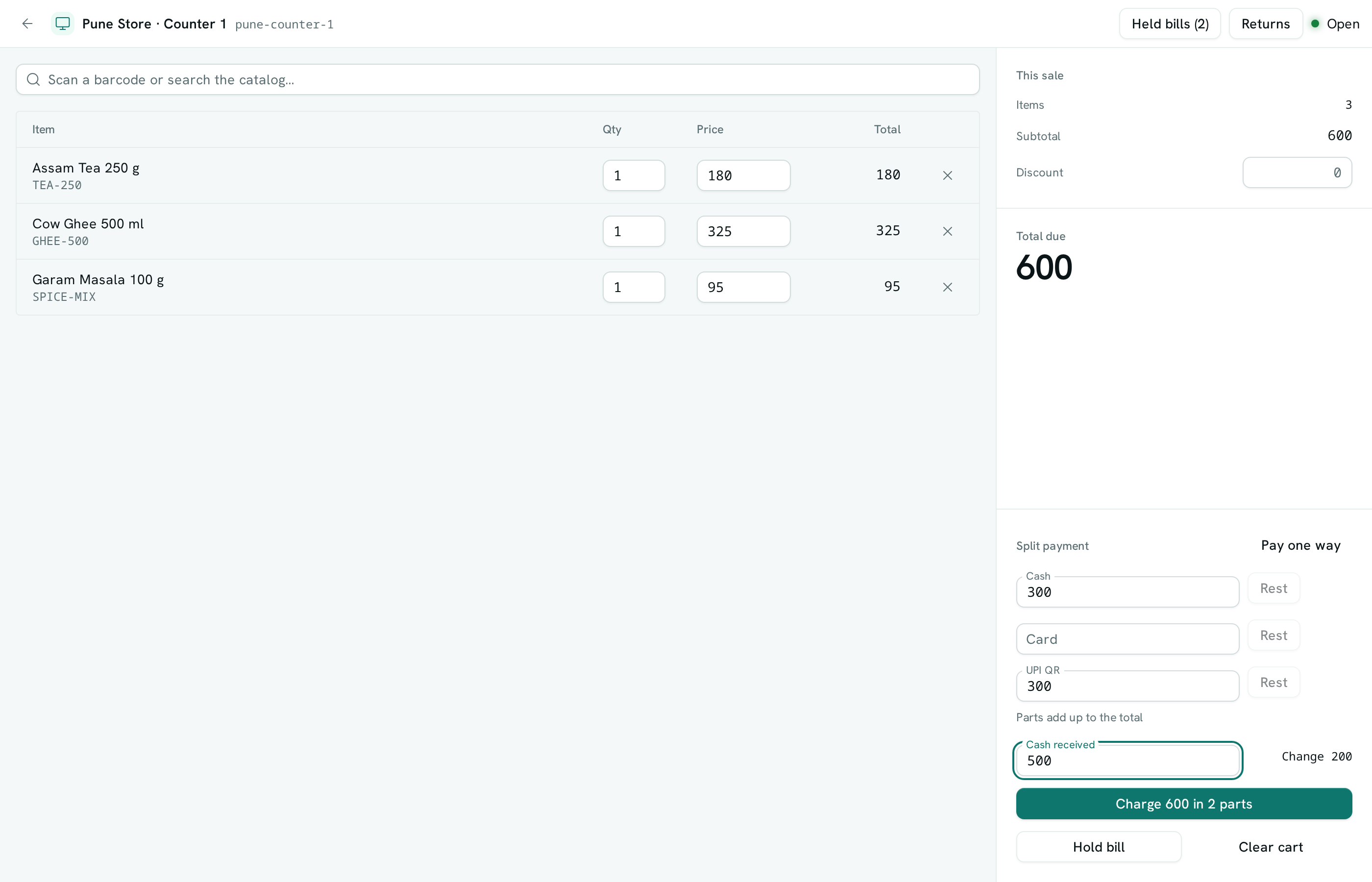 dark:/content/019f8371-84f5-7379-936b-d52714b21934/assets/2026/10/01a1435c-docs-pos-split.dark.png The register with three items in the cart and Split payment set to 300 cash and 300 UPI, with the change to give shown