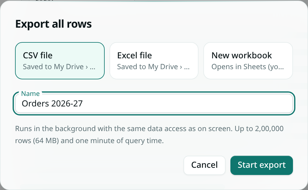 The Export all rows window with CSV file, Excel file and New workbook choices and a name of Orders 2026-27