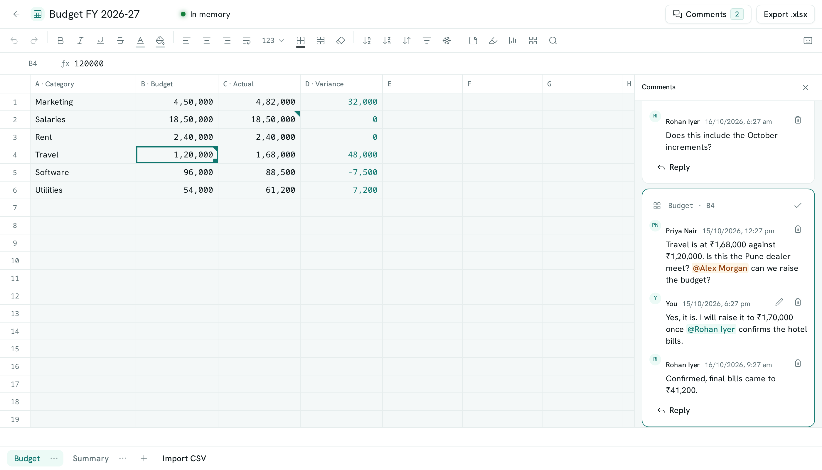 dark:/content/019f8371-84f5-7379-936b-d52714b21934/assets/2026/10/01a143ee-docs-sheets-comments.dark.png A Budget workbook with the Comments panel open: a thread on cell B4 with two replies and @mentions, and another on C2