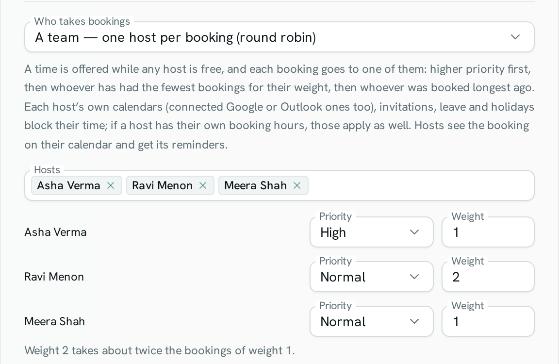 The booking page settings of a shared Sales demos calendar with Who takes bookings set to round robin, three hosts, and a priority and weight for each