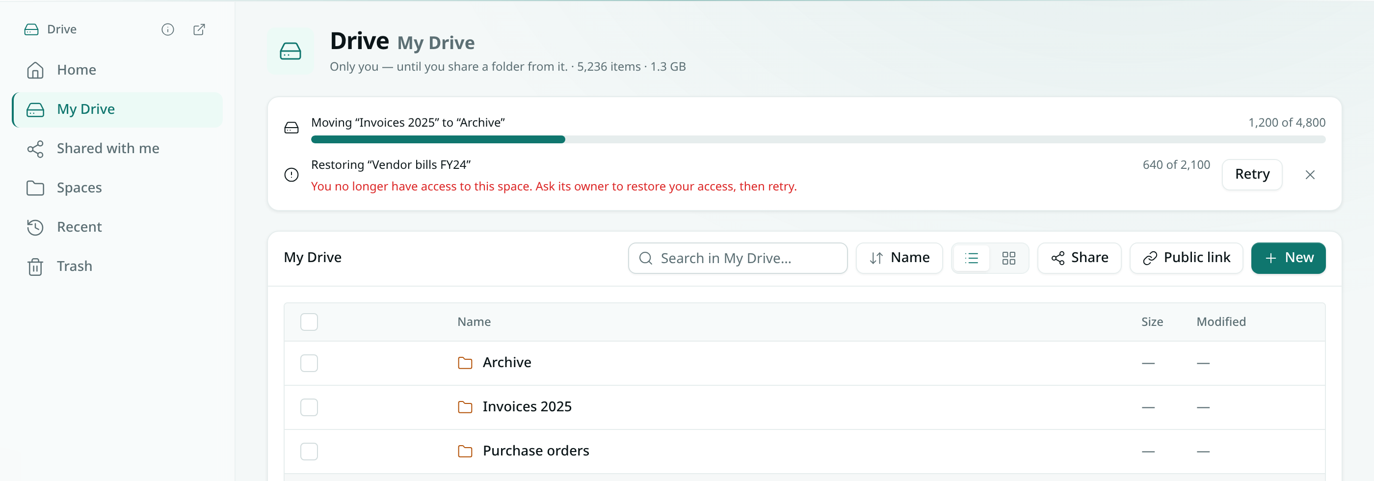 Drive with a progress bar for a folder being moved, 1,200 of 4,800 items, and a stopped restore showing its reason, a Retry button and a dismiss button