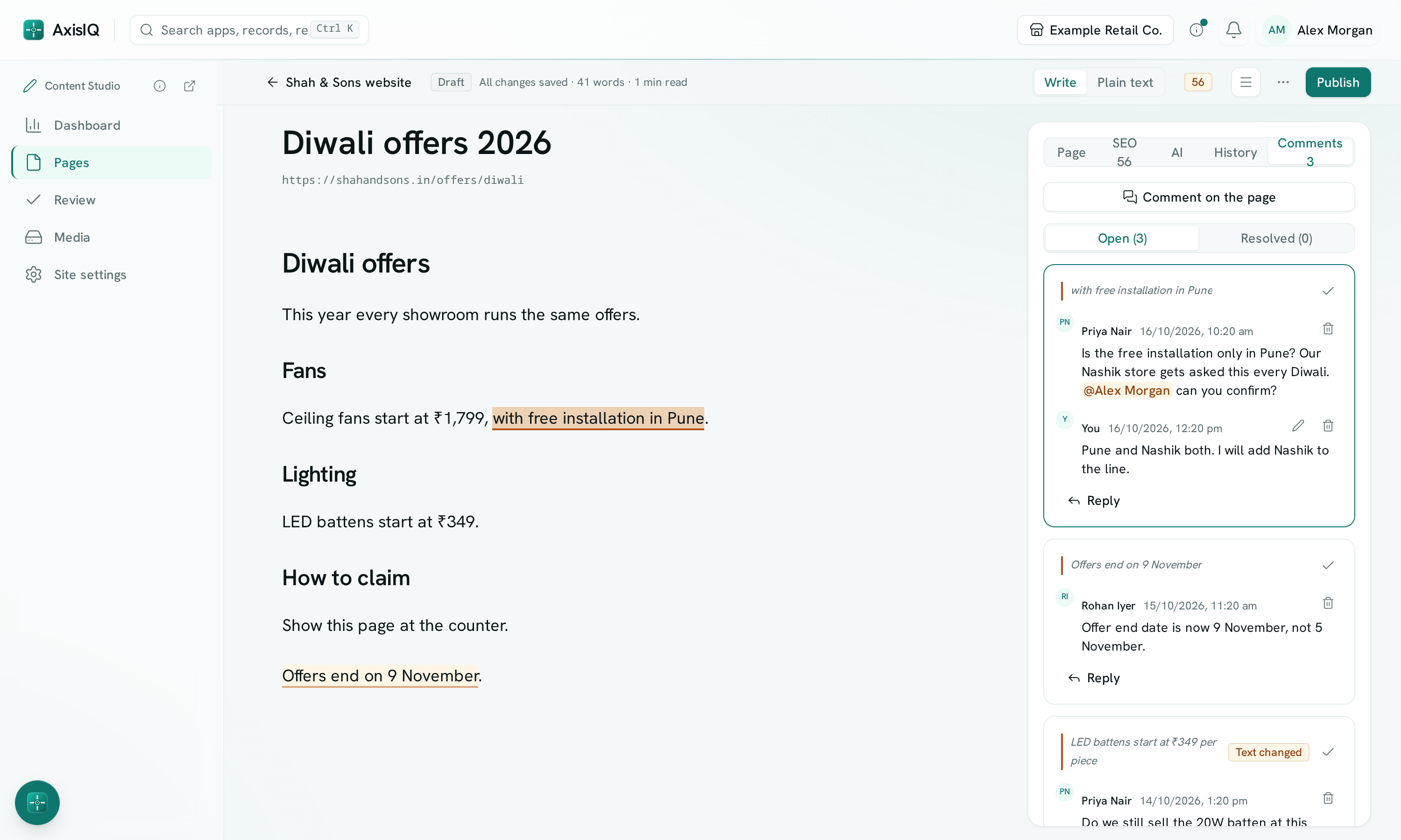 dark:/content/019f8371-84f5-7379-936b-d52714b21934/assets/2026/10/01a14420-docs-content-comments.dark.png A page open in Content Studio with commented text highlighted and the Comments tab showing a thread with a reply, a second thread and one marked Text changed
