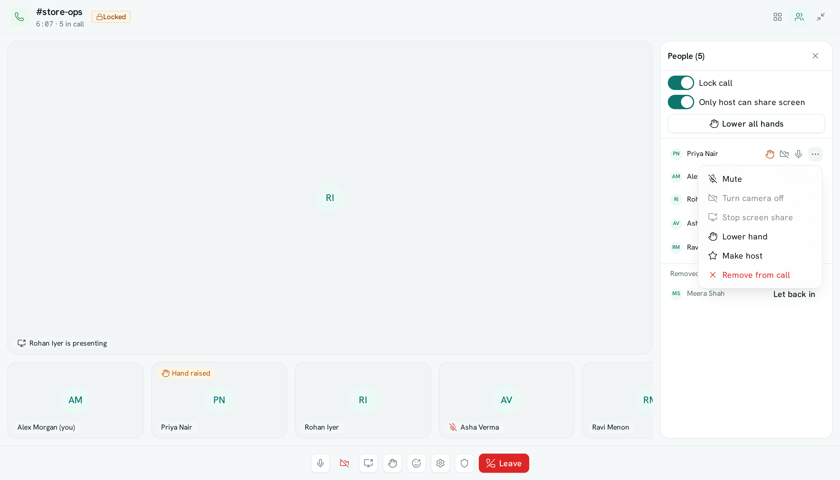 A Relay call with the people panel open, Lock call and Only host can share switched on, and one person's menu showing Mute through Remove from call