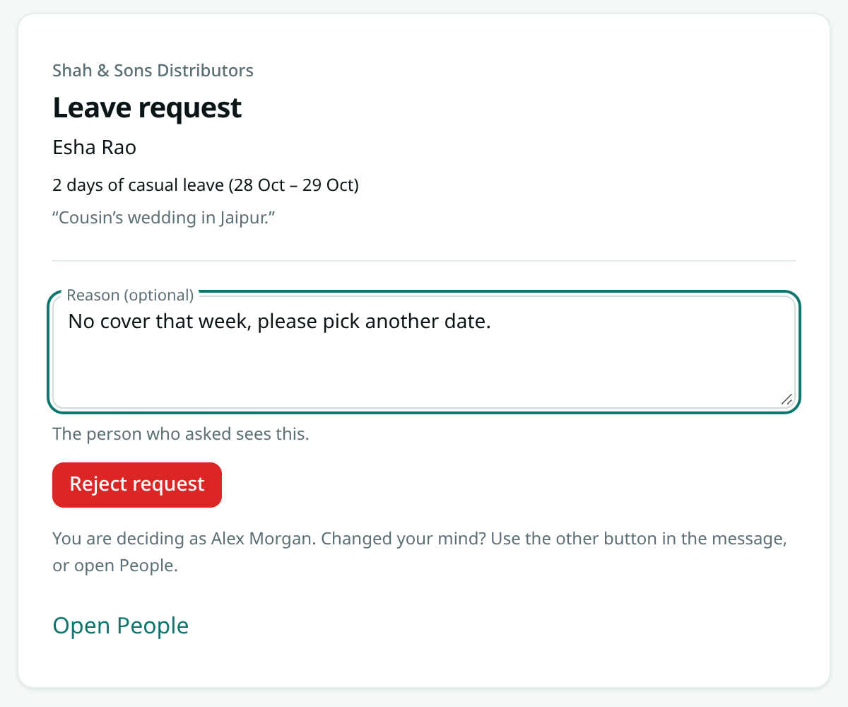 The page opened from a Reject link, showing the leave request, the reason box and the Reject request button