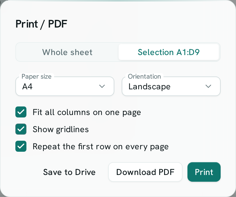 The Print / PDF window with a selection chosen, A4 landscape and all three options ticked