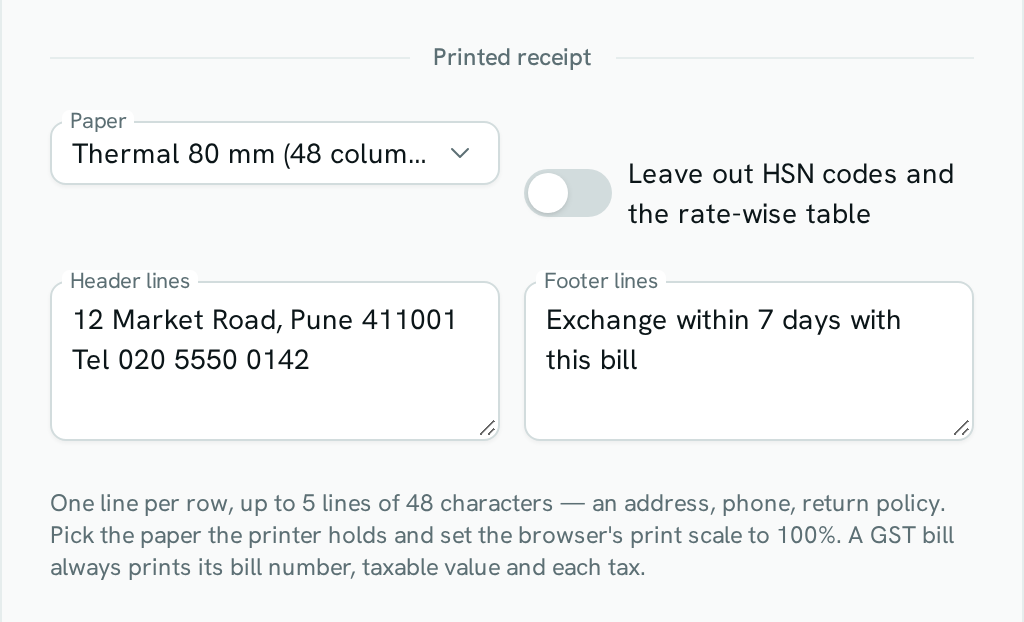 The register's Edit dialog scrolled to Printed receipt, with Thermal 80 mm selected and header and footer lines filled in
