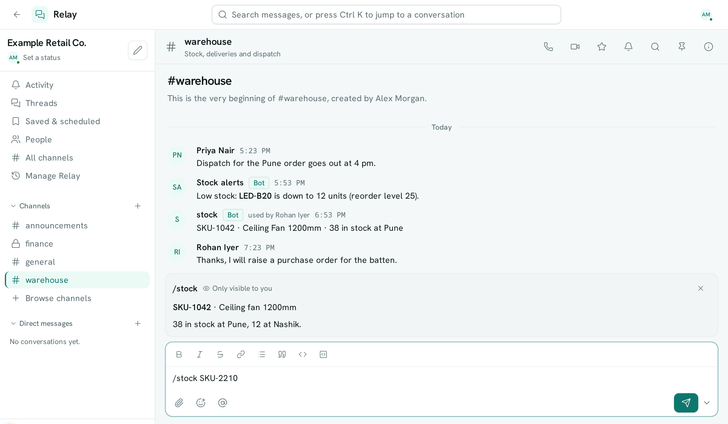 dark:/content/019f8371-84f5-7379-936b-d52714b21934/assets/2026/10/01a14534-docs-relay-bots.dark.png A Relay channel with a message from a webhook and one from a slash command, both marked Bot, and a private /stock reply marked Only visible to you above the message box
