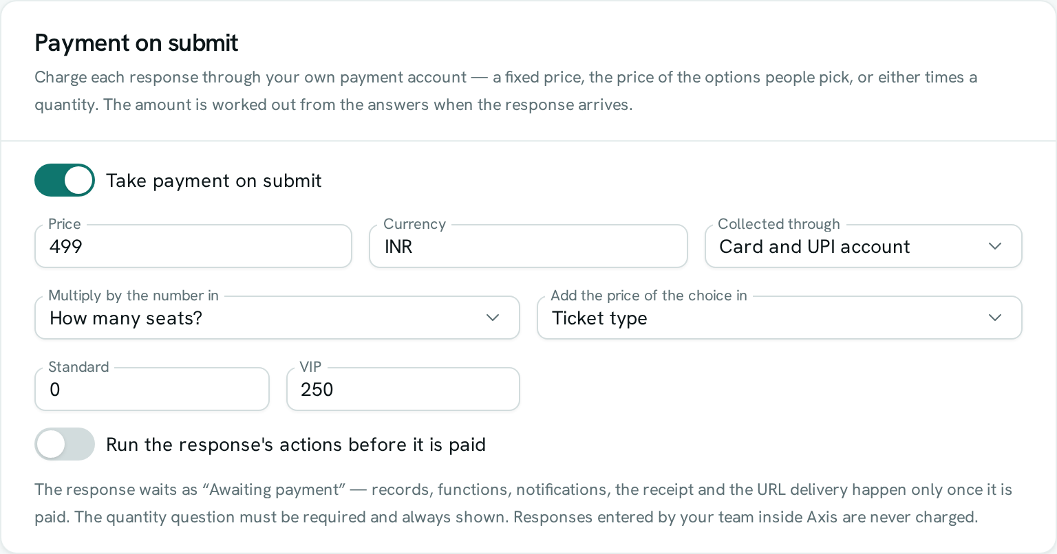 The Payment on submit card in a form's Settings tab, switched on with a price of 499, a quantity question, and a price for each ticket type