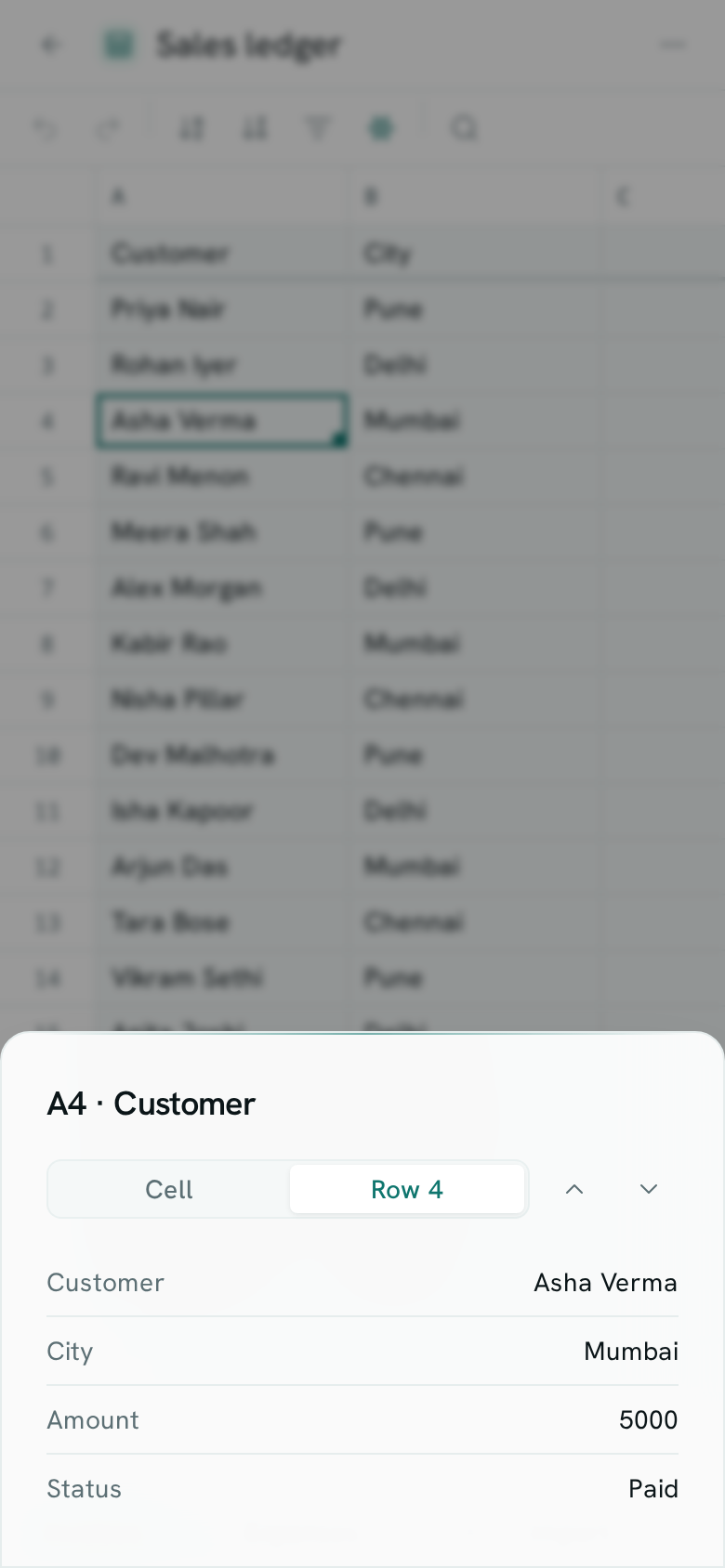 dark:/content/019f8371-84f5-7379-936b-d52714b21934/assets/2026/10/01a14537-docs-sheets-mobile.dark.png A phone showing a sales workbook with a bottom panel open on a cell, listing the row as a card: Customer, City, Amount and Status