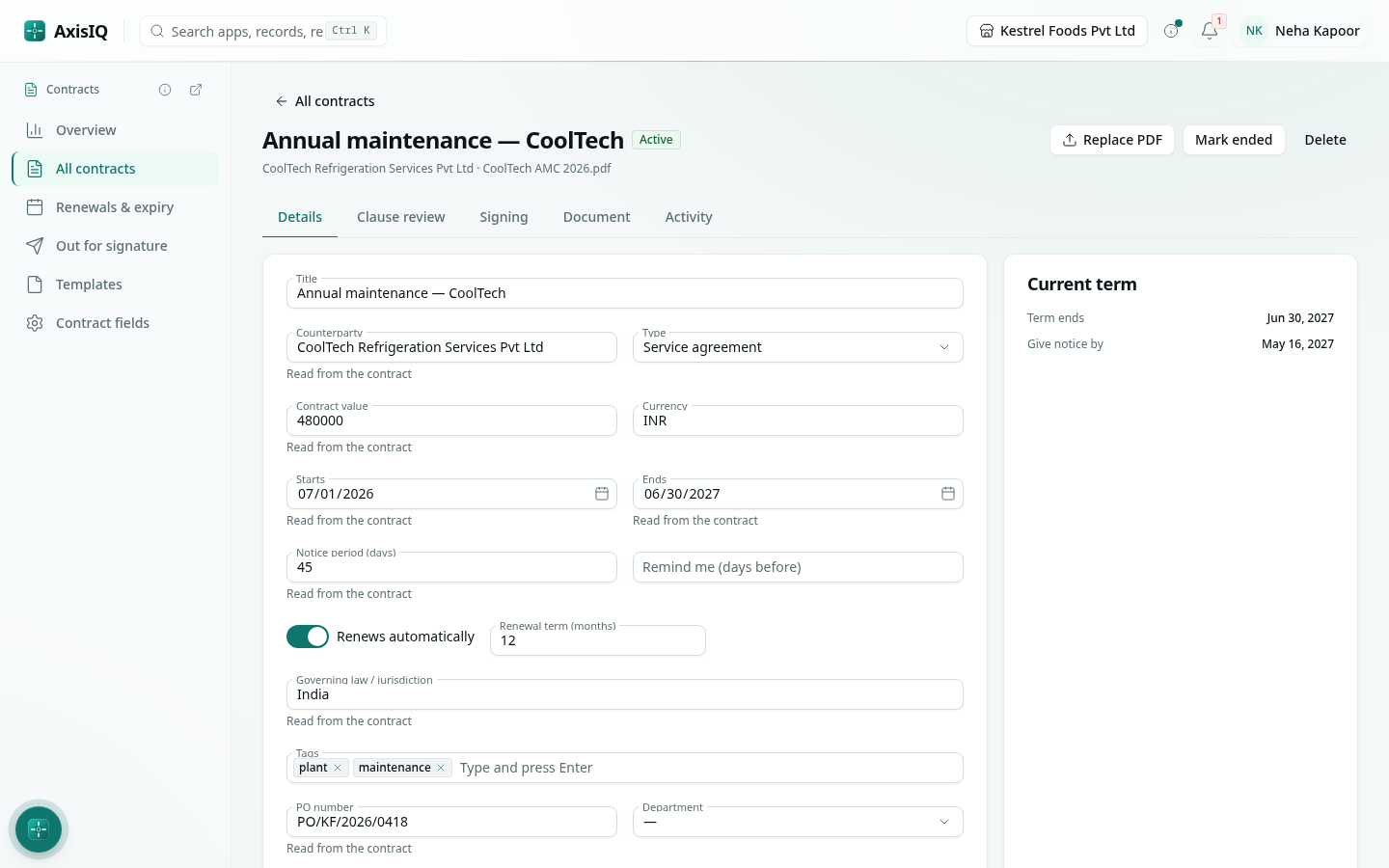 Details read from the uploaded contract