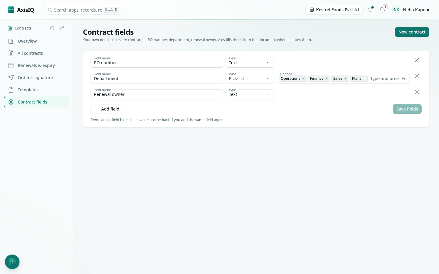Your own contract fields