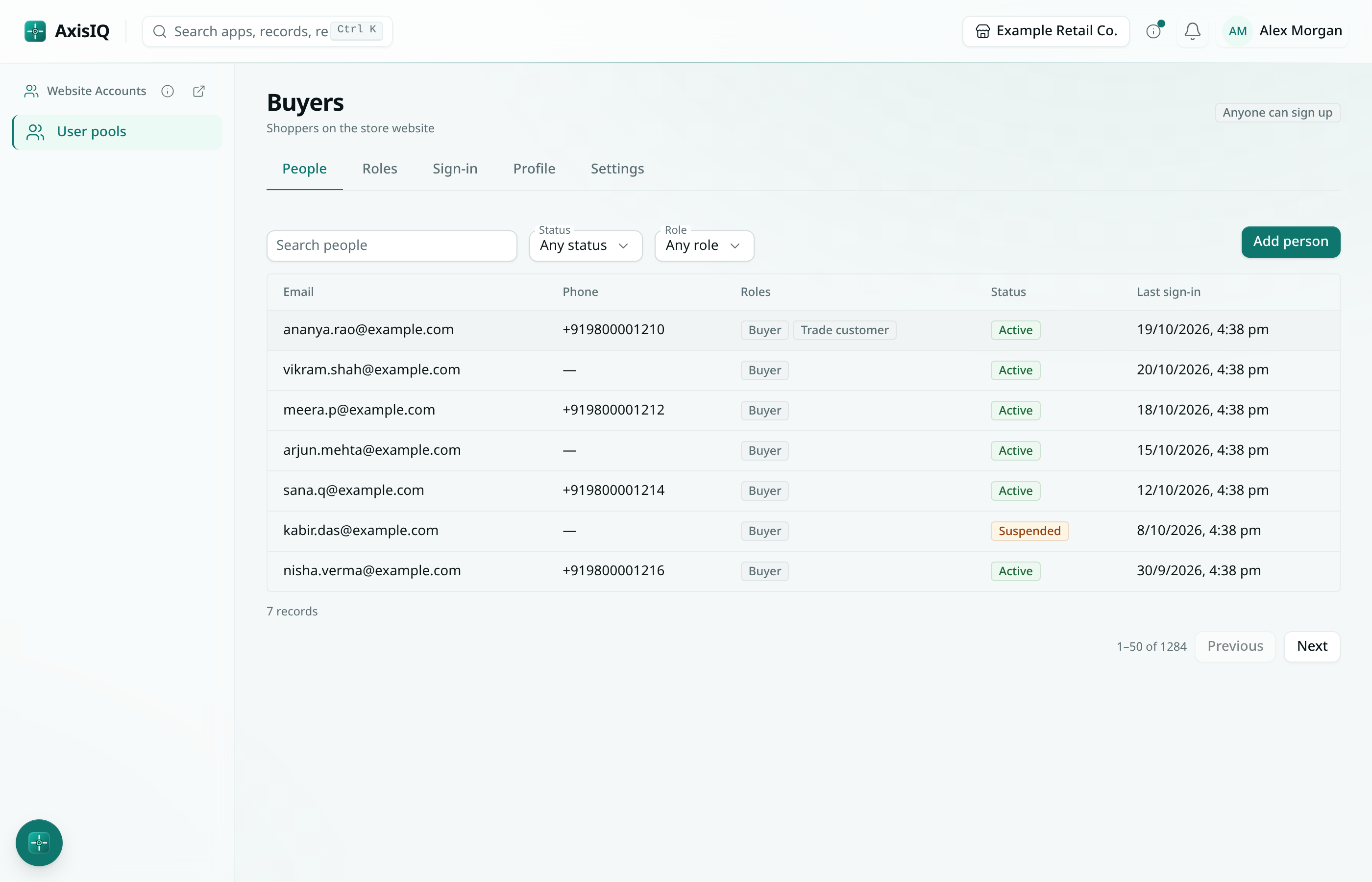 The People tab of the Buyers pool listing website users with their roles, status and last sign-in