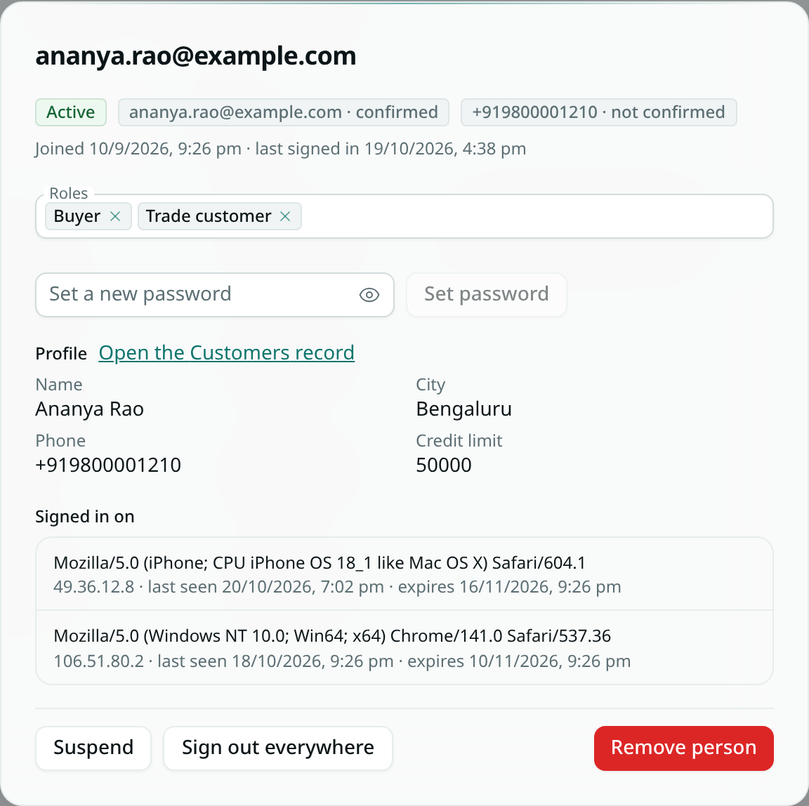 A website user's details with their roles, a new password field, profile fields, the browsers they are signed in on, and Suspend, Sign out everywhere and Remove person