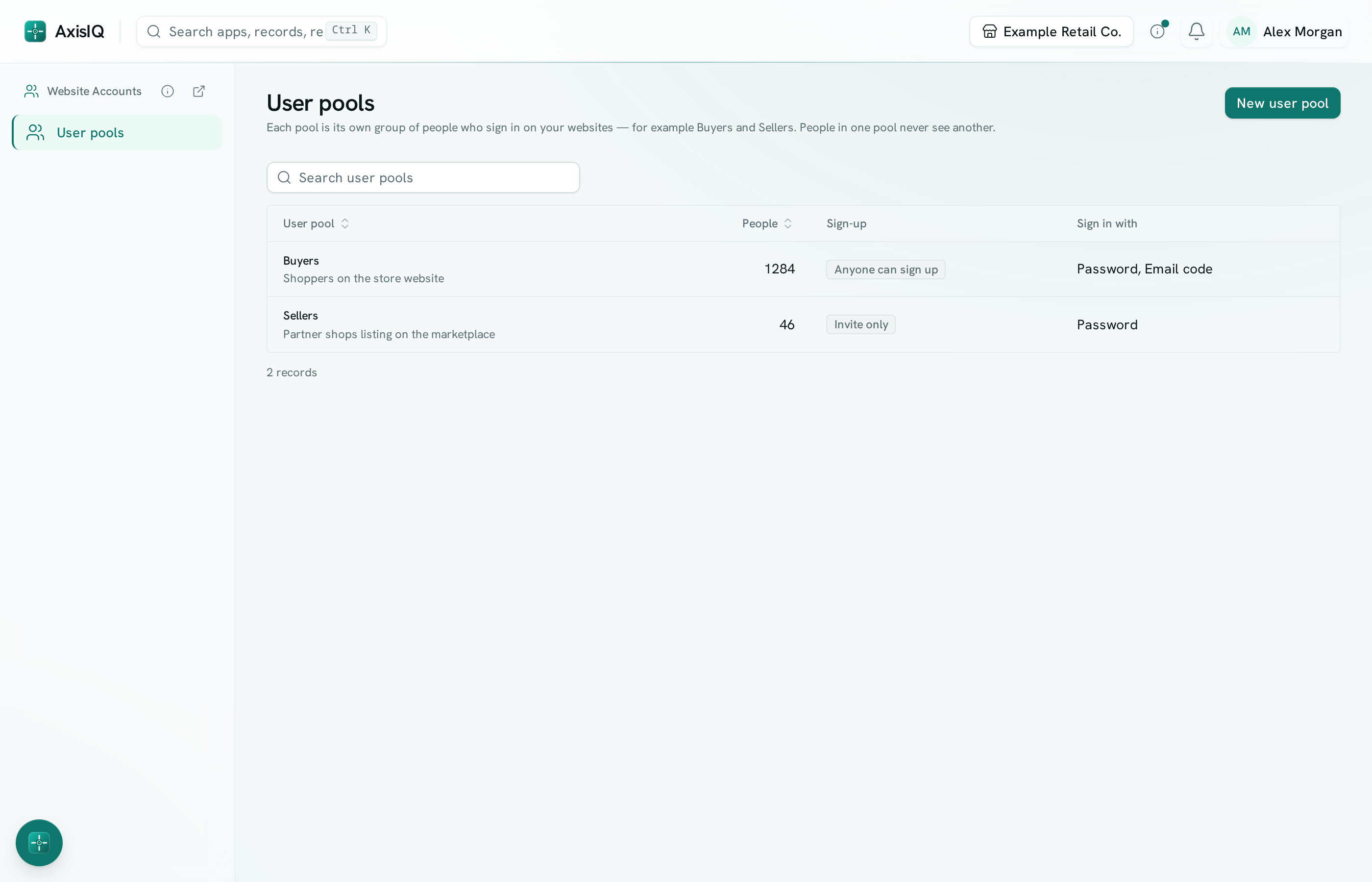 The User pools list in Website Accounts with a Buyers pool anyone can sign up to and an invite-only Sellers pool