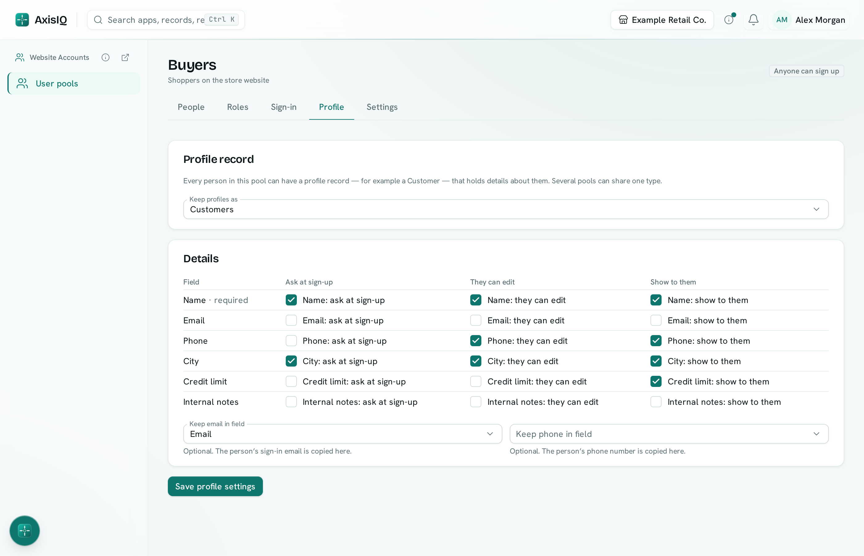 The Profile tab of a user pool keeping profiles as Customers records, with fields ticked to ask at sign-up, let people edit and show to them