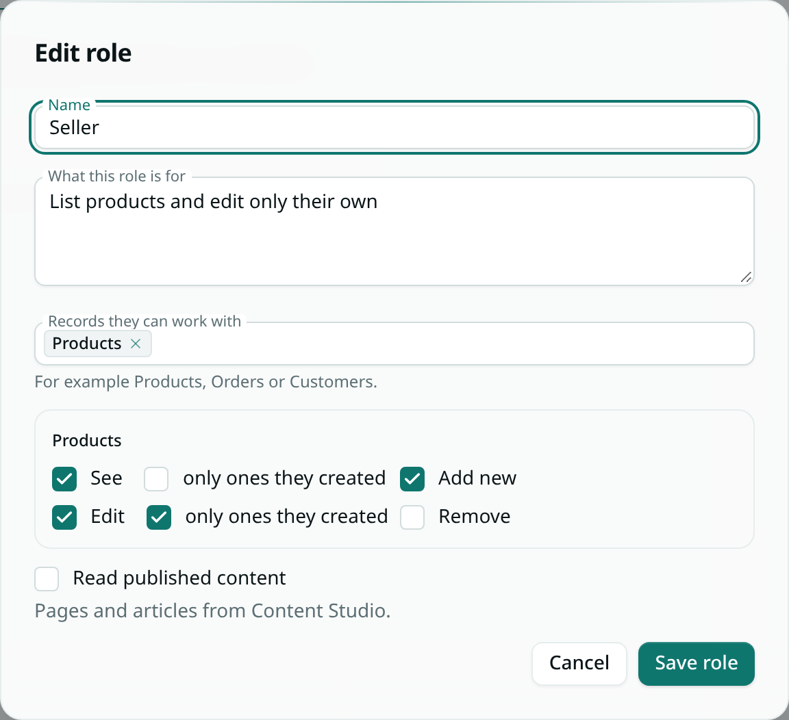Editing the Seller role: Products can be seen and added, and edited only when the seller created them
