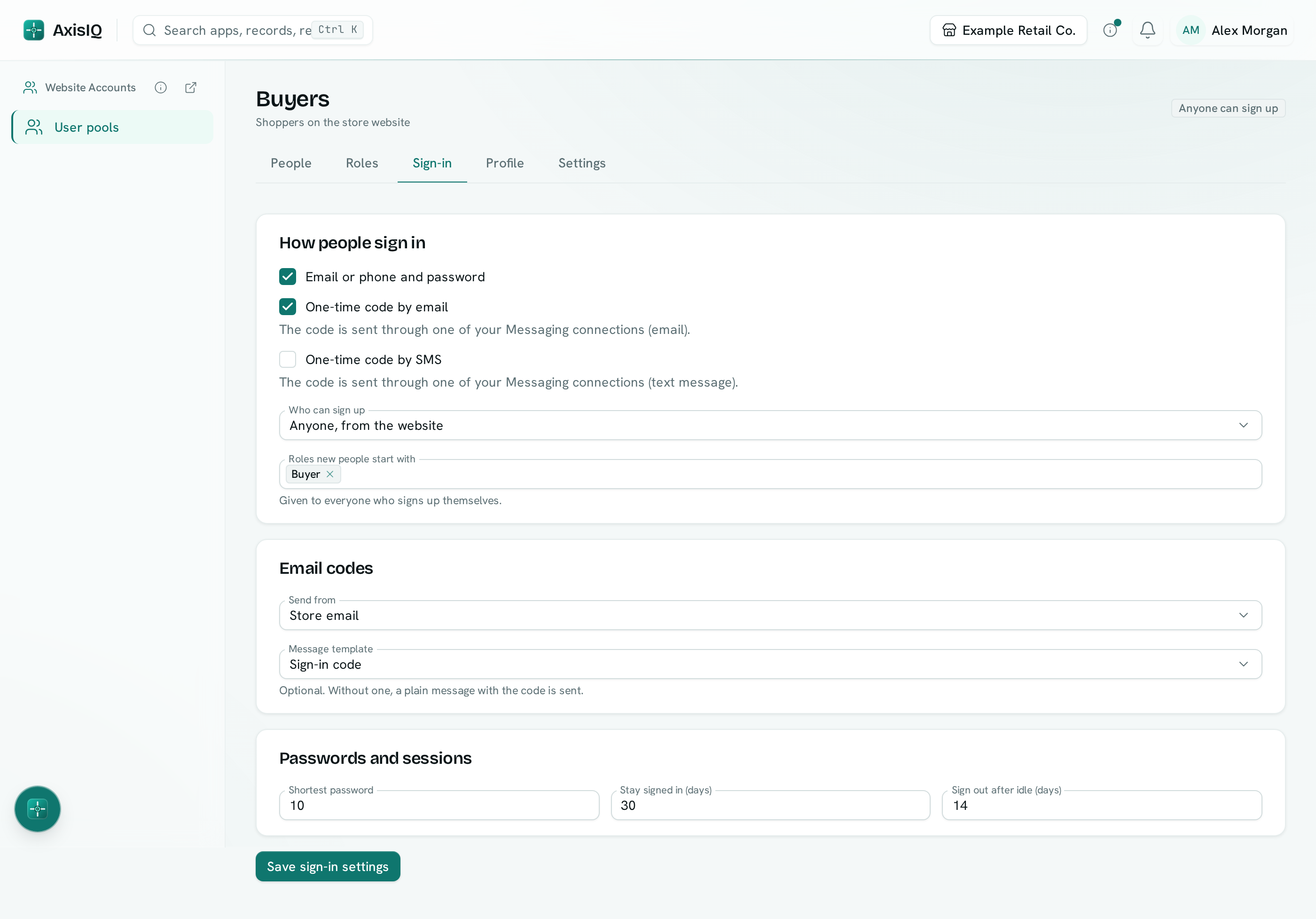 The Sign-in tab of a user pool with password and email-code sign-in switched on, the email connection and template chosen, and session lengths