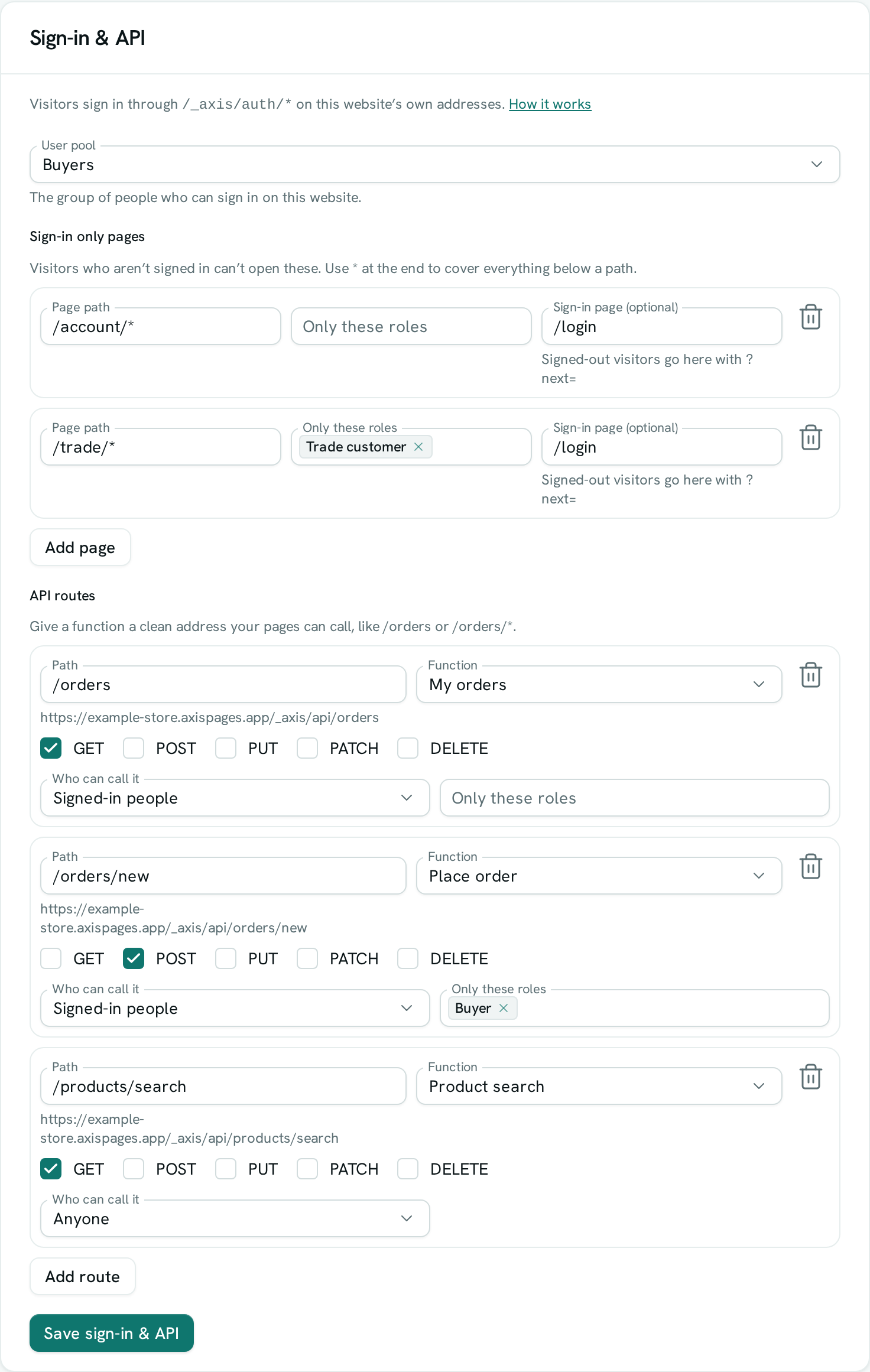 The Sign-in & API card in a site's Settings with the Buyers pool, two sign-in only page rules and three API routes